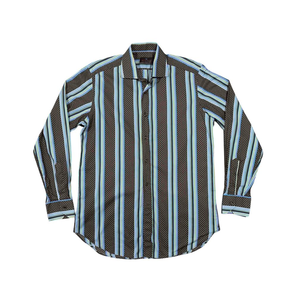 Etro Milano Button Down Shirt 40 Brown Blue Cotton Long Sleeves Striped Italy